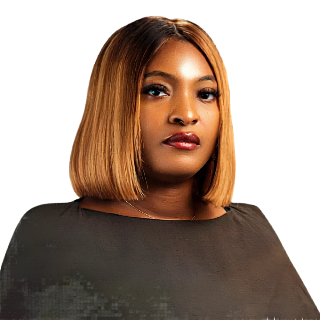 Professional portrait of Dr. Cynthia Ebie with blonde bob hair against a black background.