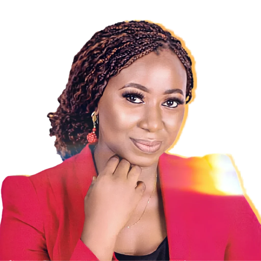 Professional woman portrait in red blazer with braided hair on black background.