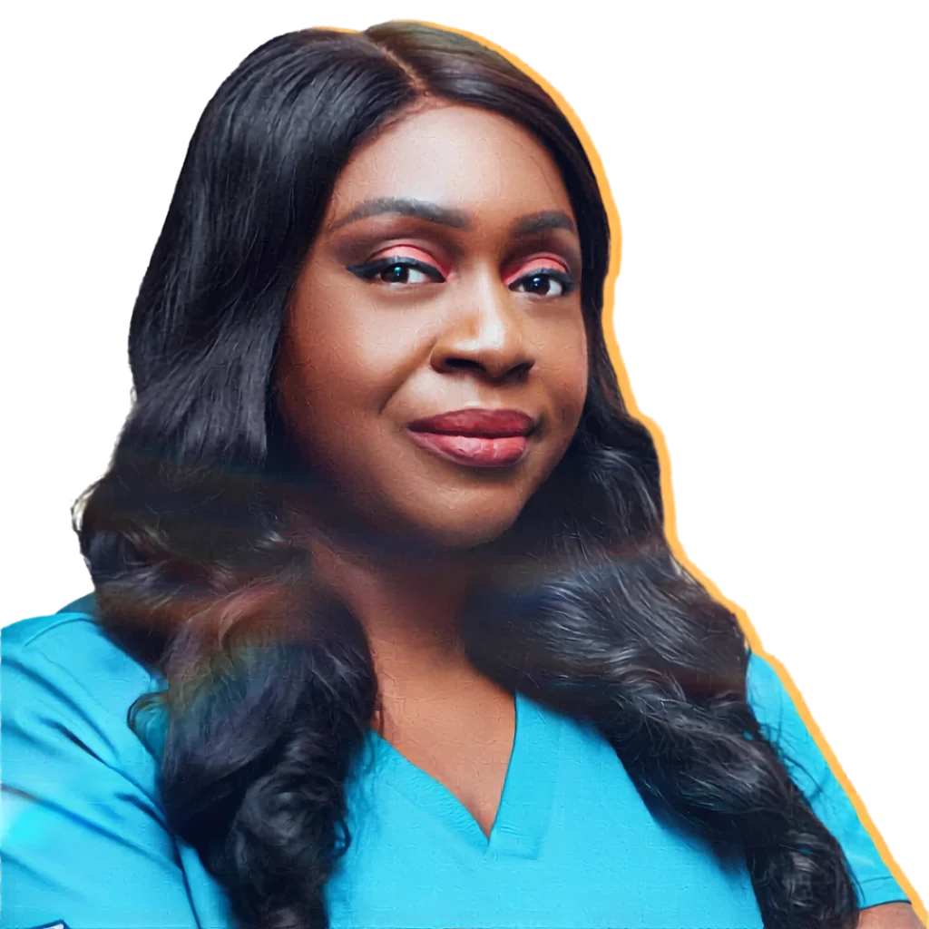 Dr. Ifeoma Abajue portrait in a turquoise top, smiling with dark wavy hair.