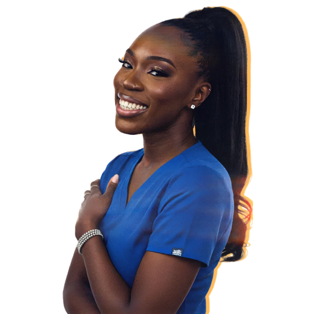 Dr. Uju Rapu in blue medical scrubs, smiling professional healthcare portrait.