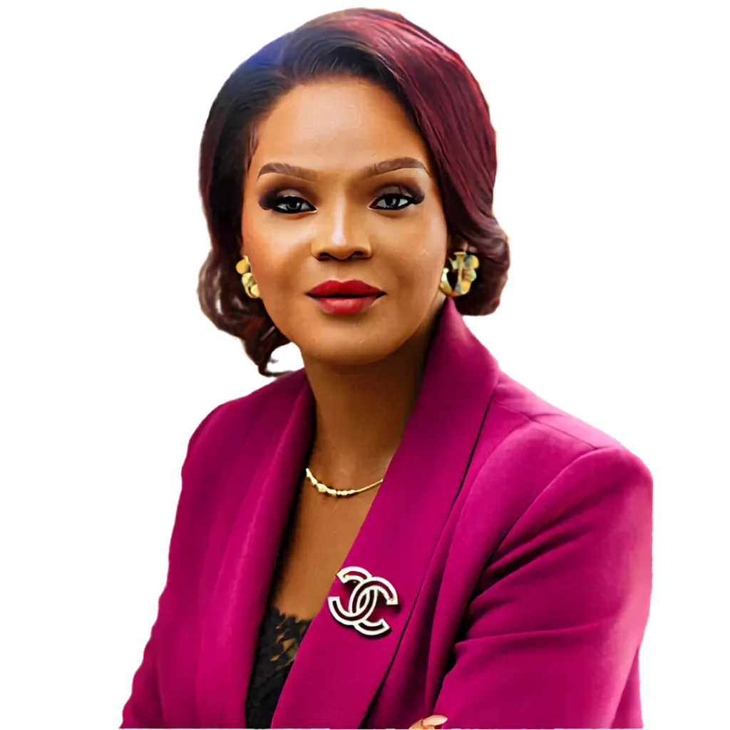 Professional portrait of Dr. Uzo in a magenta blazer against a black background.
