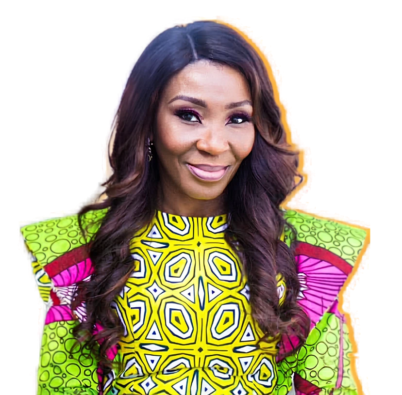 Portrait of Dr. Vivien Oputa in a vibrant geometric fashion outfit.
