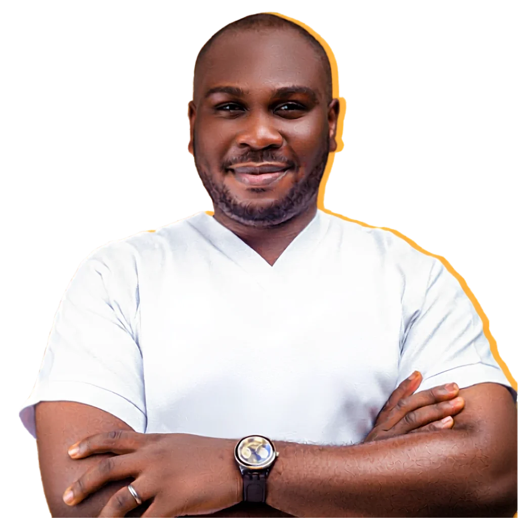 Confident man in white shirt with crossed arms on dark background.