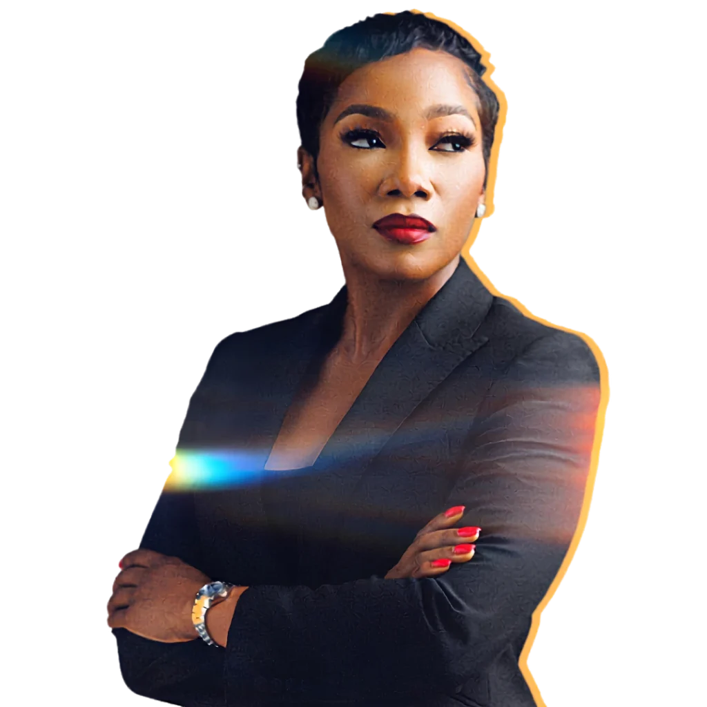 Elegant portrait of Hilary Taiwo in a black blazer with red lipstick.