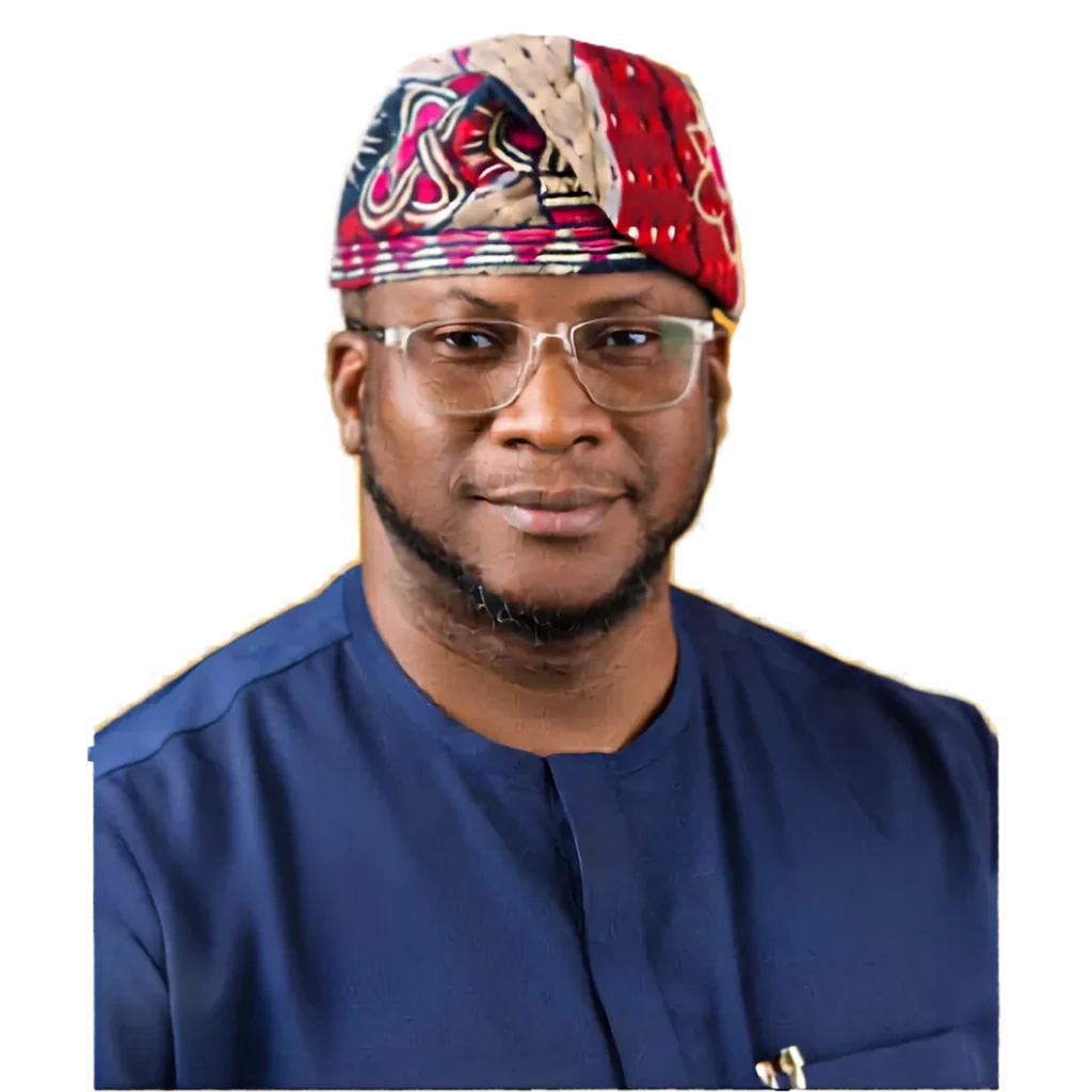 Portrait of Hon. Akinyemi Bankole Ajigbotafe in blue traditional attire and patterned cap.