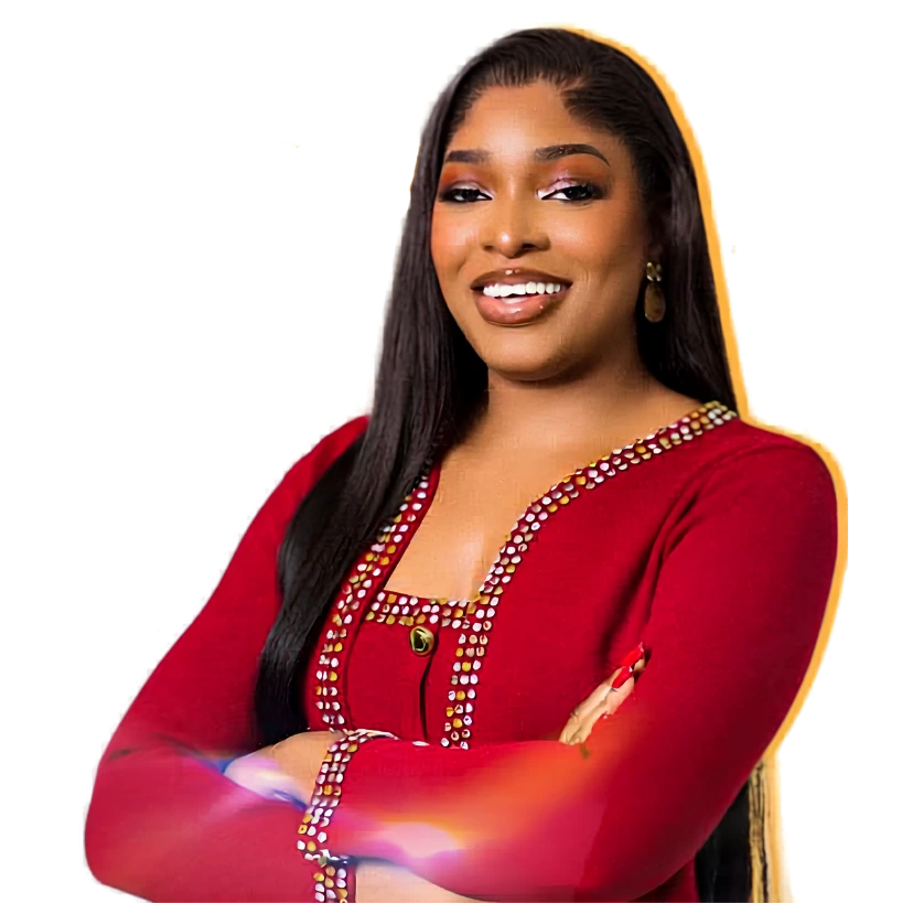 Thelma Lawson smiling in red dress against black background.